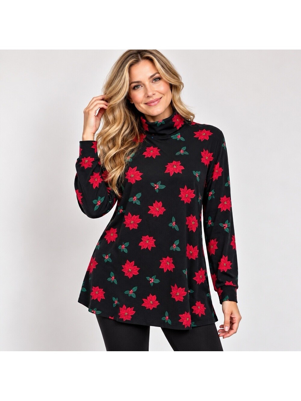 Woman Within Poinsettia Turtleneck Tunic 14/16 M Black Red Christmas Holiday Top